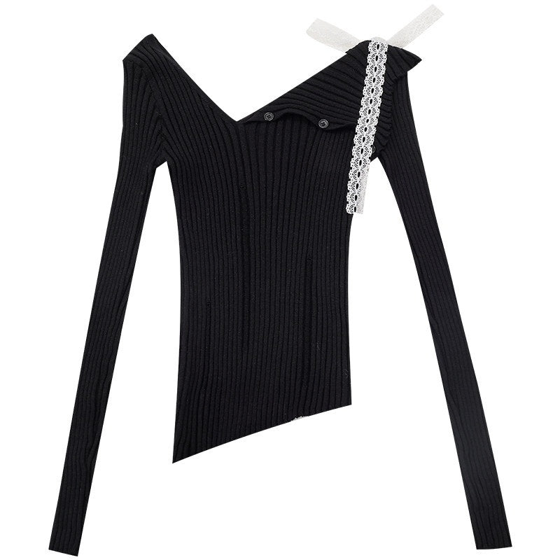ABWLR_Off_Shoulder_Tie_Turn_Down_Collar_Slim_Fit_Women'S_Knit_Long_Sleeve_T-Shirts_MISSTT