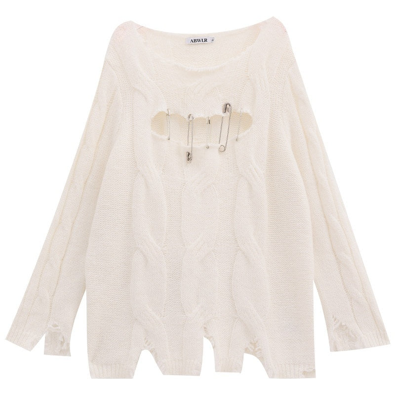 ABWLR_Rock_Wave_Frayed_Edge_Openwork_Pin_Detail_Women'S_Knit_Long_Sleeve_T-Shirts_MISSTT