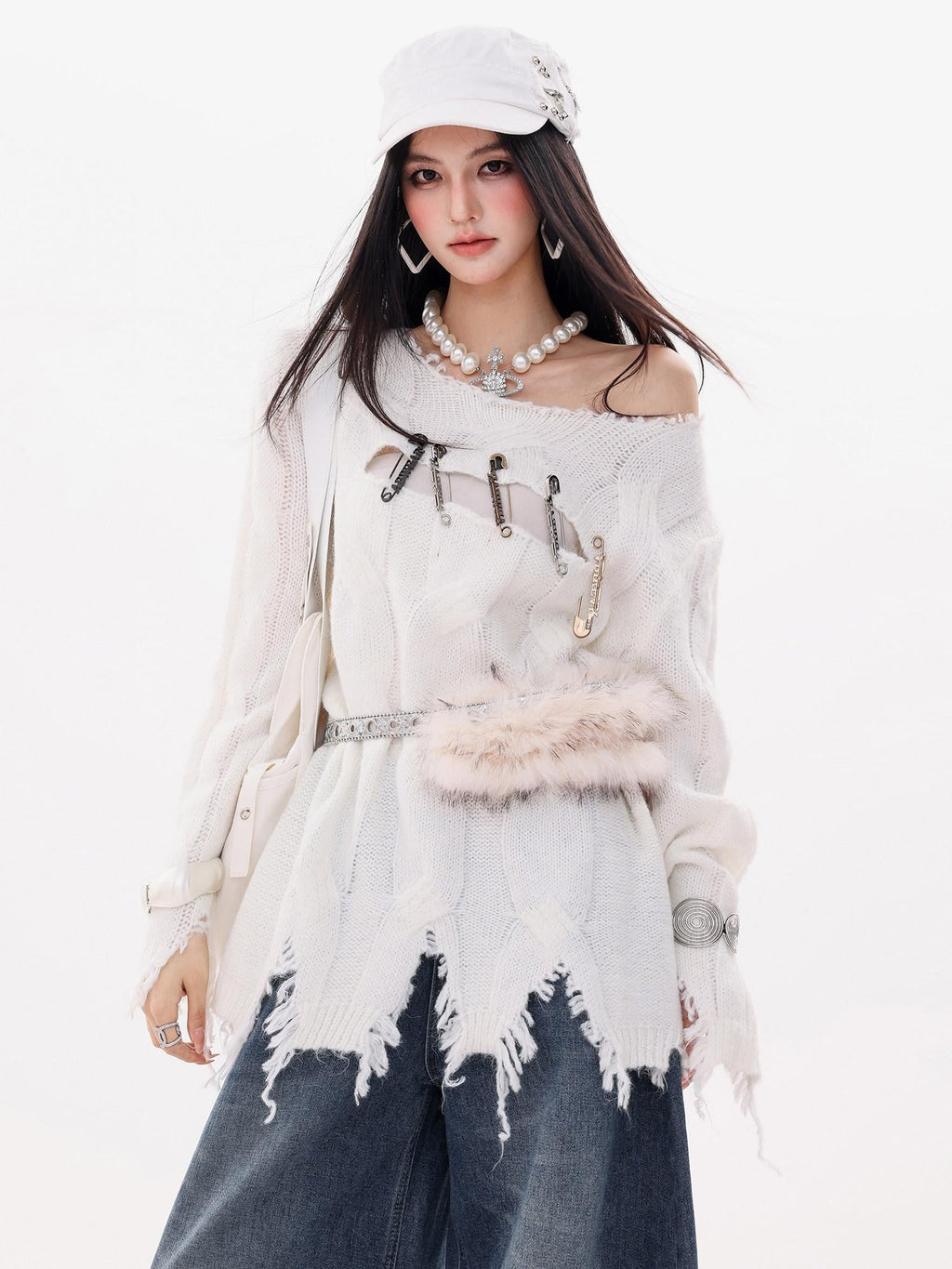 ABWLR Rock Wave Frayed Edge Openwork Pin Detail Women'S Knit Long Sleeve T-Shirts