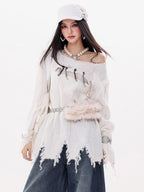 ABWLR Rock Wave Frayed Edge Openwork Pin Detail Women'S Knit Long Sleeve T-Shirts