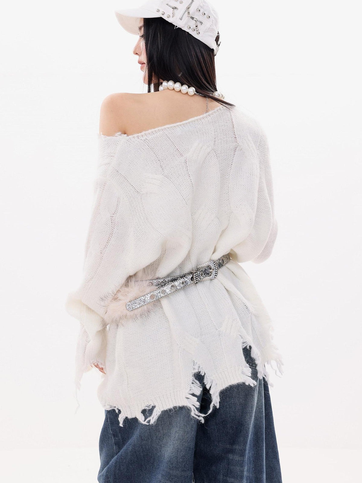 ABWLR Rock Wave Frayed Edge Openwork Pin Detail Women'S Knit Long Sleeve T-Shirts