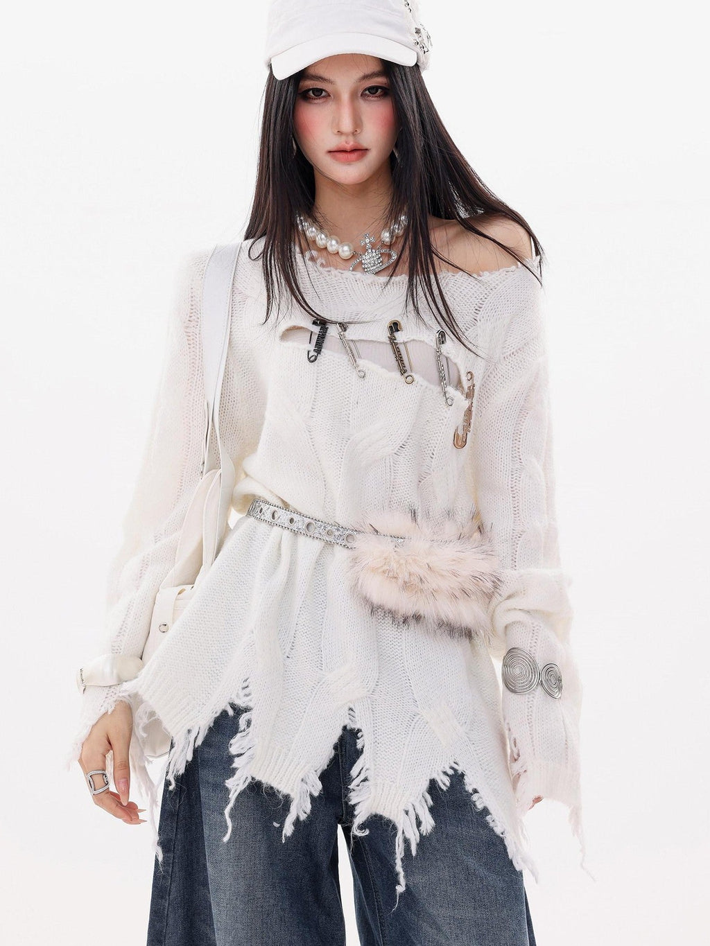 ABWLR Rock Wave Frayed Edge Openwork Pin Detail Women'S Knit Long Sleeve T-Shirts