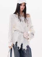 ABWLR Rock Wave Frayed Edge Openwork Pin Detail Women'S Knit Long Sleeve T-Shirts