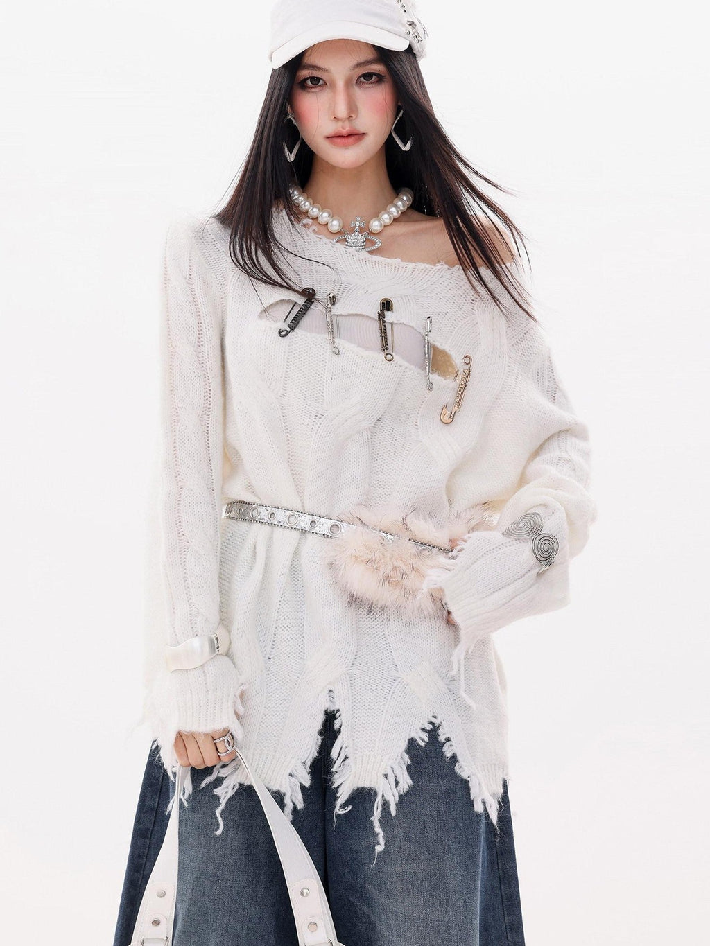 ABWLR Rock Wave Frayed Edge Openwork Pin Detail Women'S Knit Long Sleeve T-Shirts