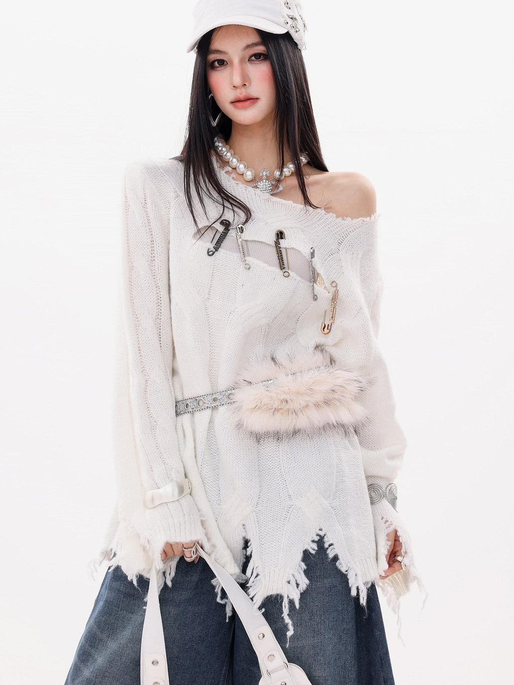 ABWLR Rock Wave Frayed Edge Openwork Pin Detail Women'S Knit Long Sleeve T-Shirts