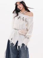 ABWLR Rock Wave Frayed Edge Openwork Pin Detail Women'S Knit Long Sleeve T-Shirts
