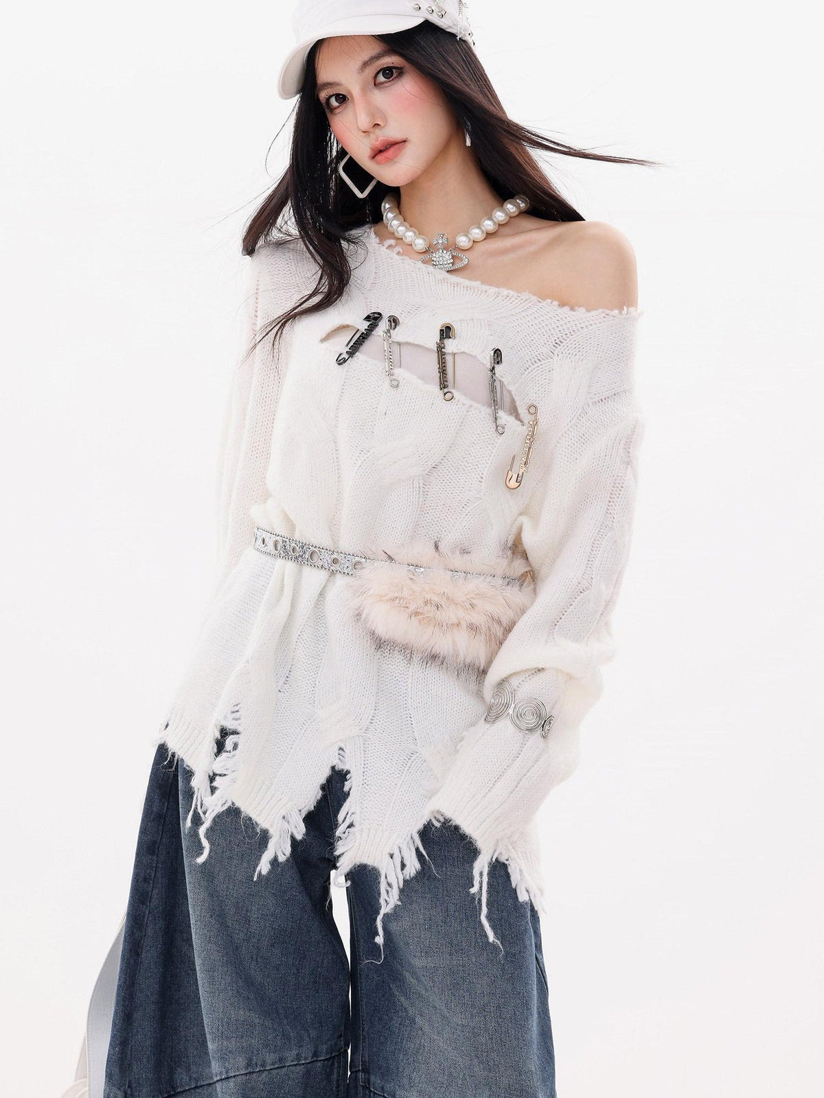 ABWLR Rock Wave Frayed Edge Openwork Pin Detail Women'S Knit Long Sleeve T-Shirts