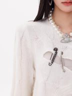 ABWLR Rock Wave Frayed Edge Openwork Pin Detail Women'S Knit Long Sleeve T-Shirts