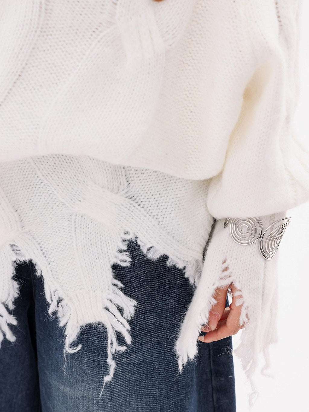 ABWLR Rock Wave Frayed Edge Openwork Pin Detail Women'S Knit Long Sleeve T-Shirts
