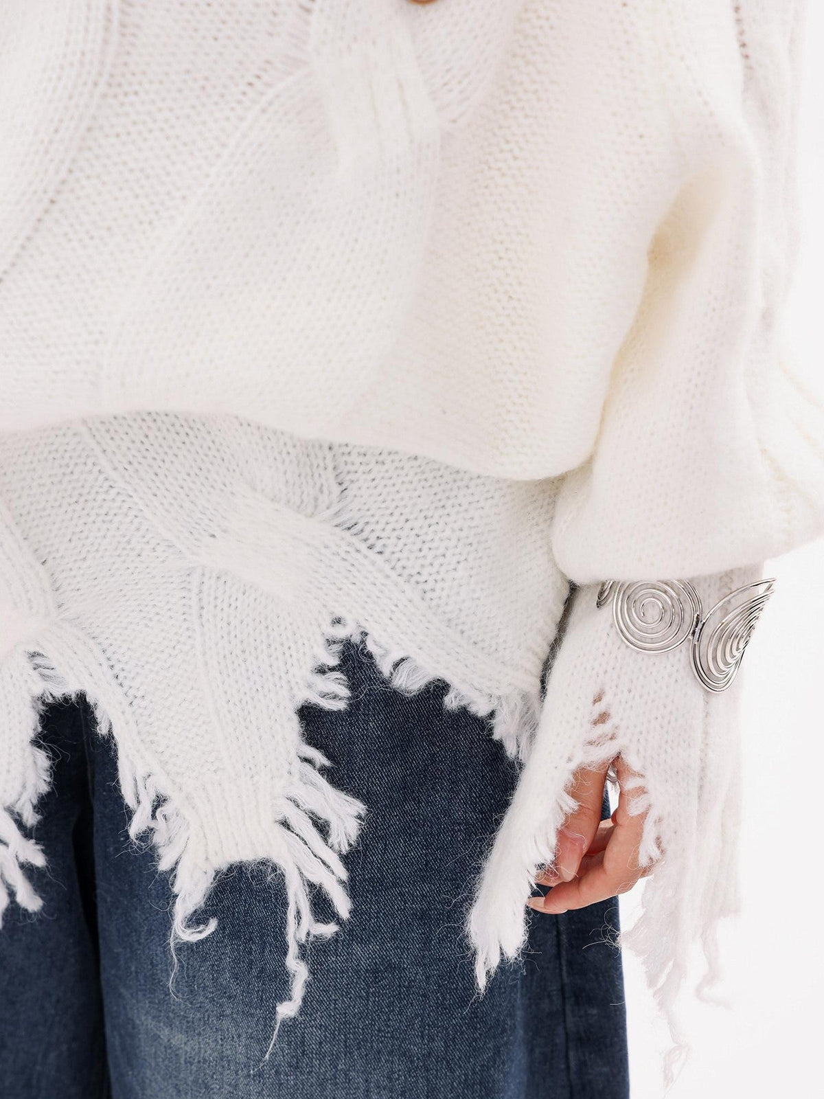 ABWLR Rock Wave Frayed Edge Openwork Pin Detail Women'S Knit Long Sleeve T-Shirts