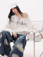 ABWLR Rock Wave Frayed Edge Openwork Pin Detail Women'S Knit Long Sleeve T-Shirts