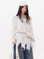 ABWLR Rock Wave Frayed Edge Openwork Pin Detail Women'S Knit Long Sleeve T-Shirts