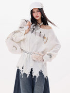 ABWLR Rock Wave Frayed Edge Openwork Pin Detail Women'S Knit Long Sleeve T-Shirts