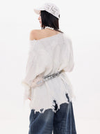 ABWLR Rock Wave Frayed Edge Openwork Pin Detail Women'S Knit Long Sleeve T-Shirts