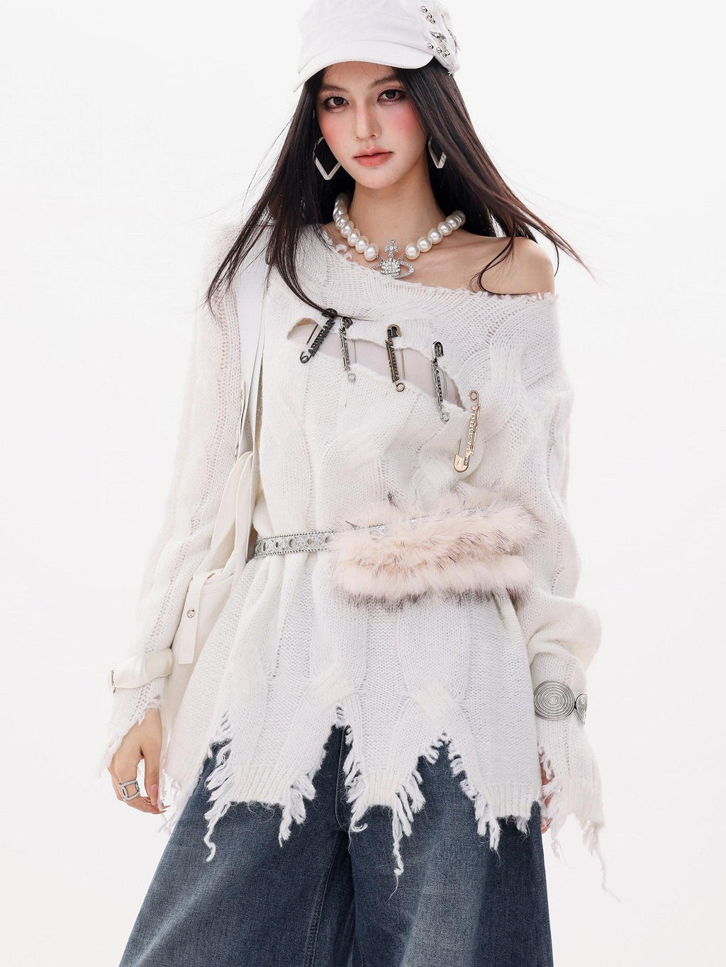 ABWLR Rock Wave Frayed Edge Openwork Pin Detail Women'S Knit Long Sleeve T-Shirts