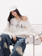 ABWLR Rock Wave Frayed Edge Openwork Pin Detail Women'S Knit Long Sleeve T-Shirts