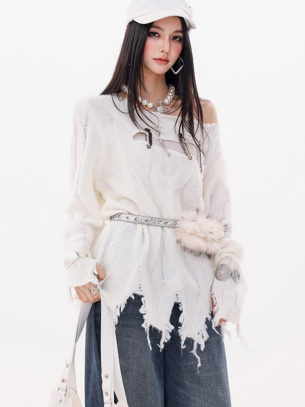 ABWLR Rock Wave Frayed Edge Openwork Pin Detail Women'S Knit Long Sleeve T-Shirts