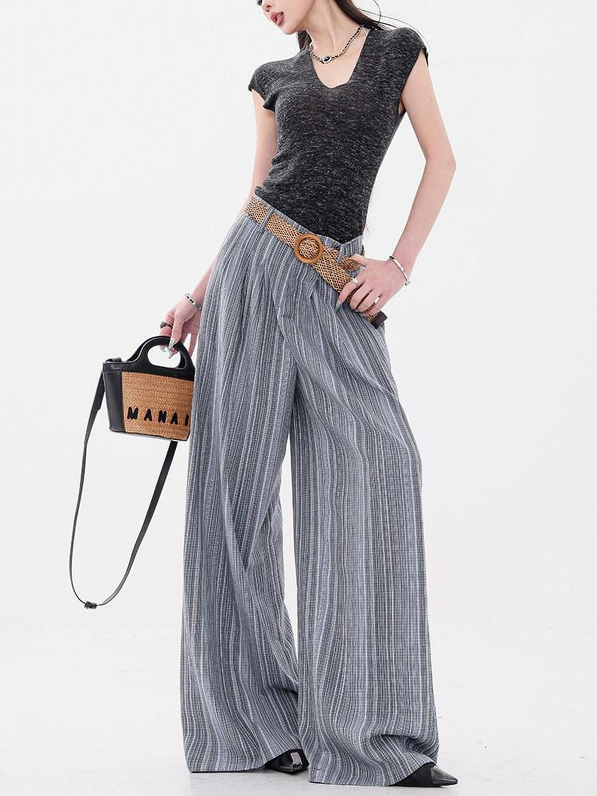 ABWLR Striped Pleated Slimming Elastic Waist Casual Loose Women'S Wide-Leg Pants