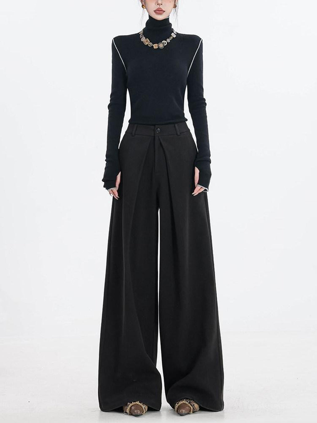 ABWLR Urban Pleated Relaxed High Waist Women'S Fleece Lined Wide-Leg Pants