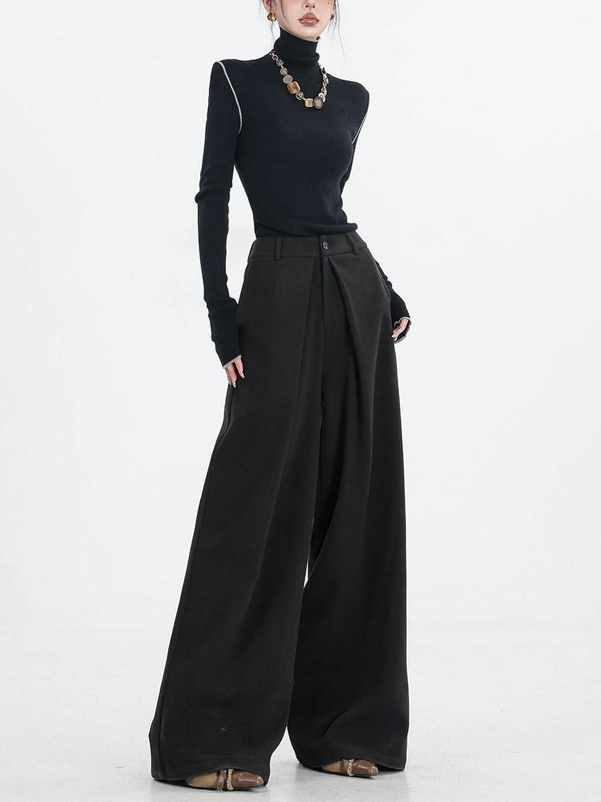 ABWLR Urban Pleated Relaxed High Waist Women'S Fleece Lined Wide-Leg Pants
