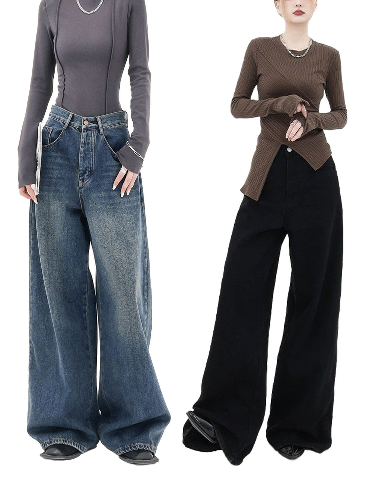 ABWLR Vintage Dark Washed High Waist Women'S Cotton Wide-Leg Jeans