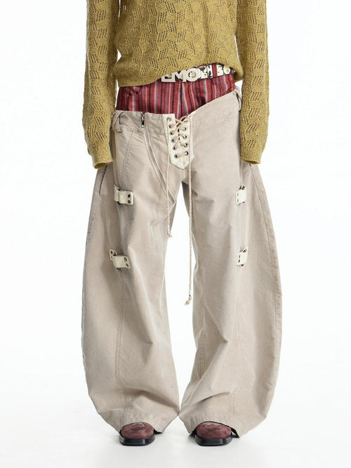 EMOBROTHER Apricot Contrast Patchwork Embroidered Double Waist Women's Wide-leg Jeans