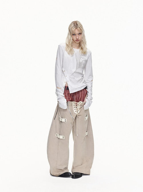 EMOBROTHER Apricot Contrast Patchwork Embroidered Double Waist Women's Wide-leg Jeans