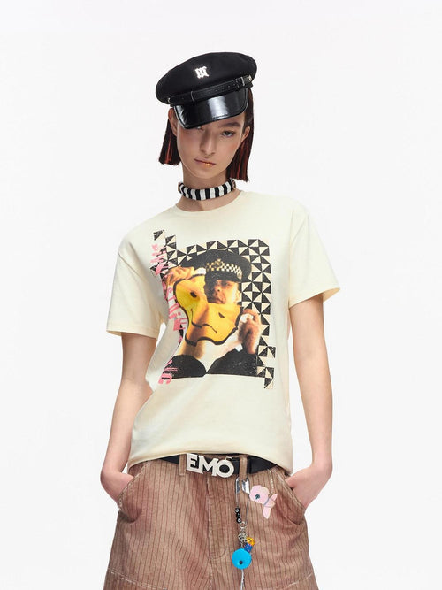 EMOBROTHER Apricot Smiley Print Letter Embroidery Women's Cotton Short Sleeve T-shirts