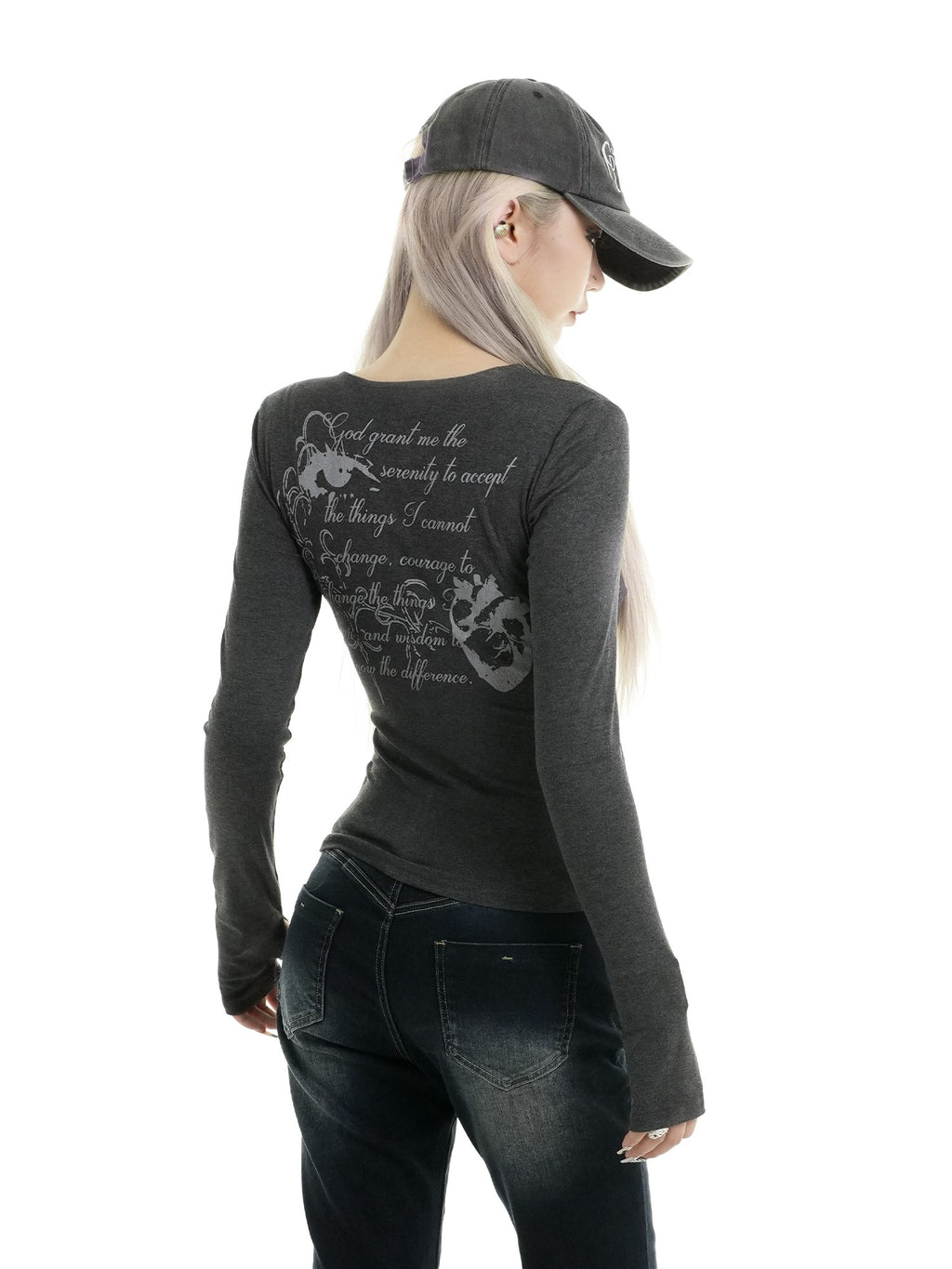 Gods plan Gothic V-neck Zipper Ribbed Slim Printed Women's Cotton Long Sleeve T-shirts