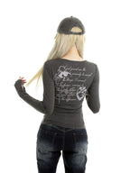Gods plan Gothic V-neck Zipper Ribbed Slim Printed Women's Cotton Long Sleeve T-shirts