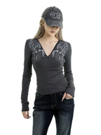 Gods plan Gothic V-neck Zipper Ribbed Slim Printed Women's Cotton Long Sleeve T-shirts
