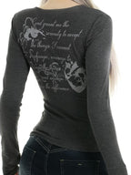 Gods plan Gothic V-neck Zipper Ribbed Slim Printed Women's Cotton Long Sleeve T-shirts