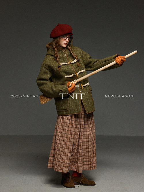 TNIT Army Green Plaid Hooded Duffle Toggle Women's Wool Fleece Lined Long Coats