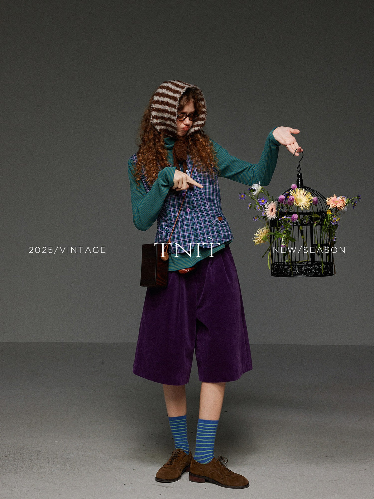 TNIT Purple Plaid Vintage V-neck Slim Waist Women's Other Fabric Tank Tops