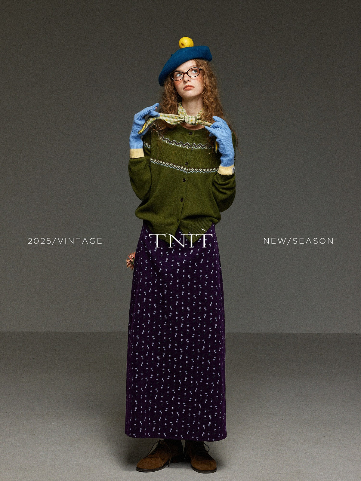 TNIT Vintage Colorblock Jacquard Crewneck Loose Women's Soft Knit Cardigans