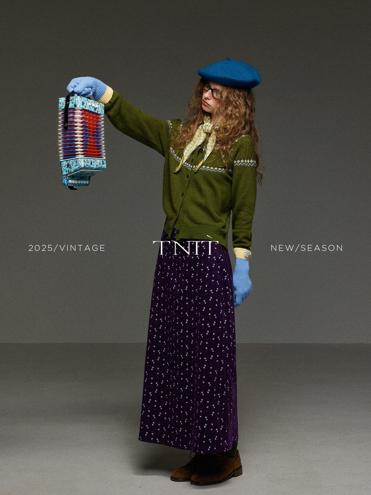 TNIT Vintage Colorblock Jacquard Crewneck Loose Women's Soft Knit Cardigans