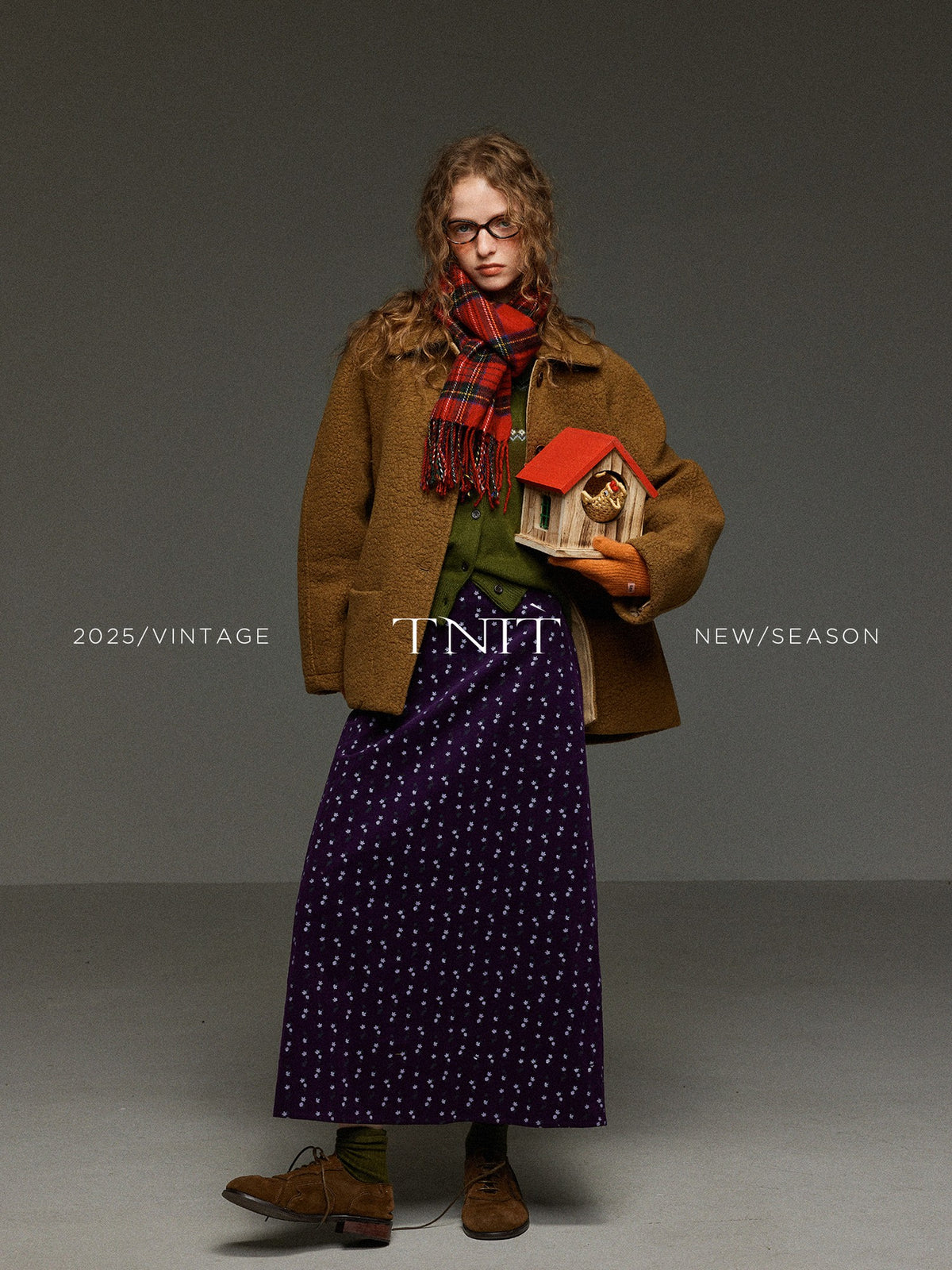 TNIT Vintage Colorblock Jacquard Crewneck Loose Women's Soft Knit Cardigans