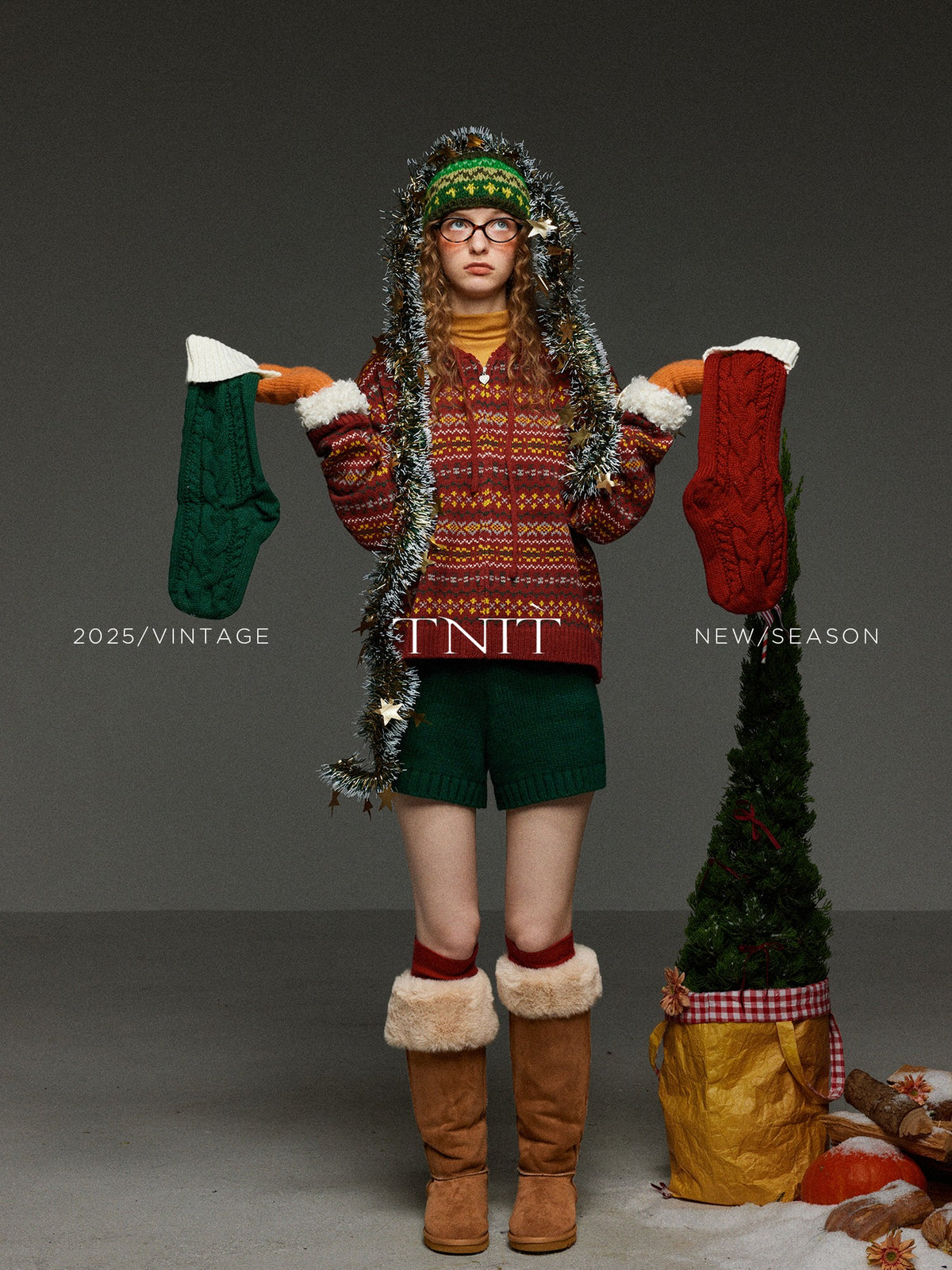 TNIT Vintage Colorblock Jacquard Drawstring Hood Geometric Women's Knit Cardigans