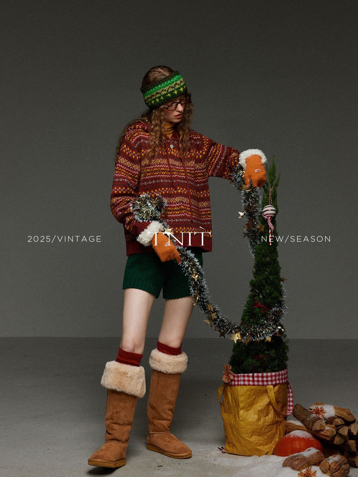 TNIT Vintage Colorblock Jacquard Drawstring Hood Geometric Women's Knit Cardigans