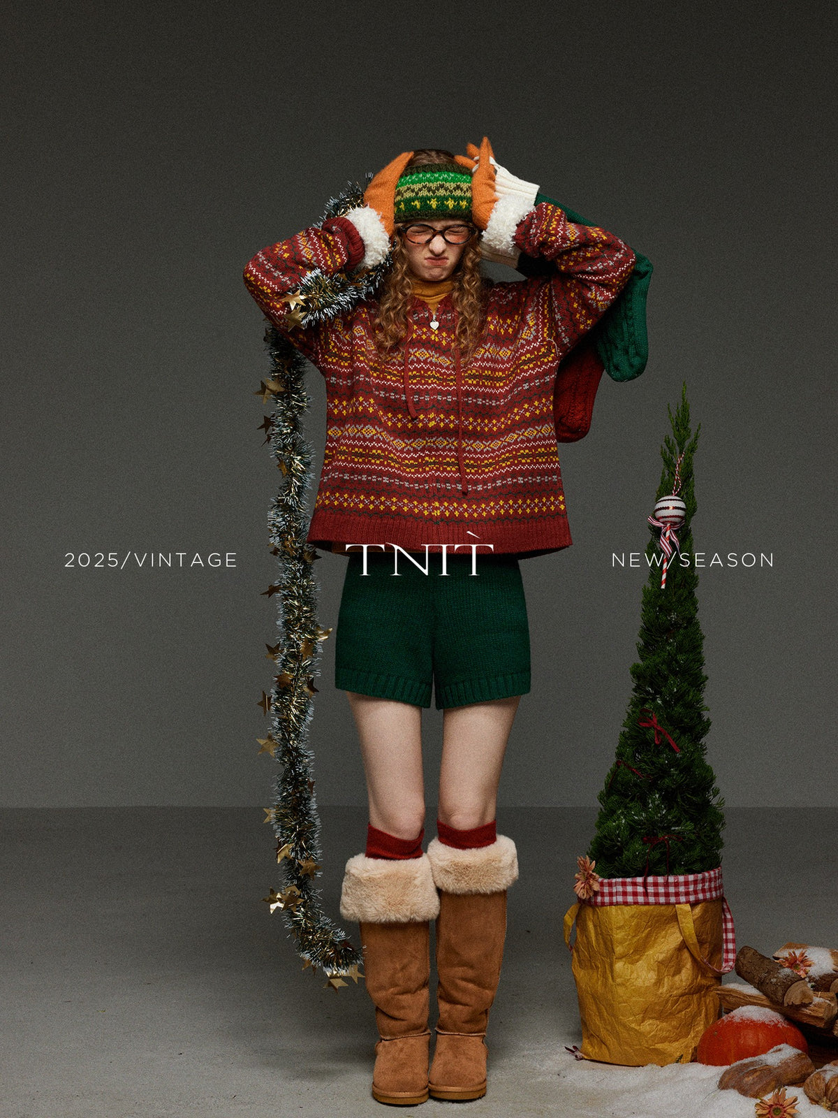 TNIT Vintage Colorblock Jacquard Drawstring Hood Geometric Women's Knit Cardigans