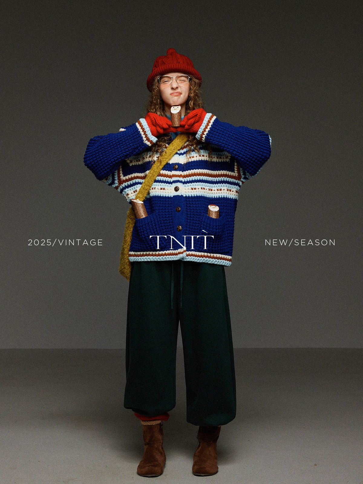 TNIT Vintage Colorblock Striped Turn Collar Women's Thick Knit Cardigans