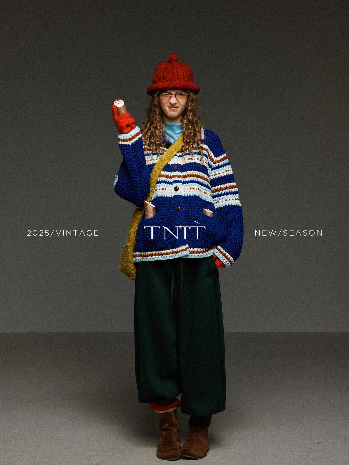 TNIT Vintage Colorblock Striped Turn Collar Women's Thick Knit Cardigans