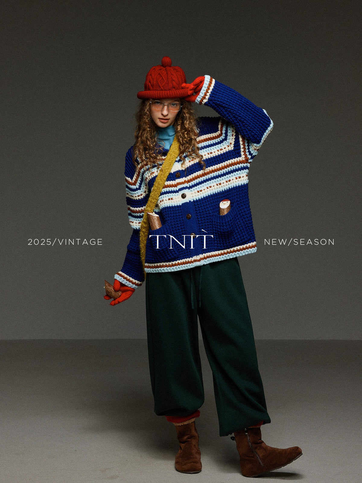 TNIT Vintage Colorblock Striped Turn Collar Women's Thick Knit Cardigans