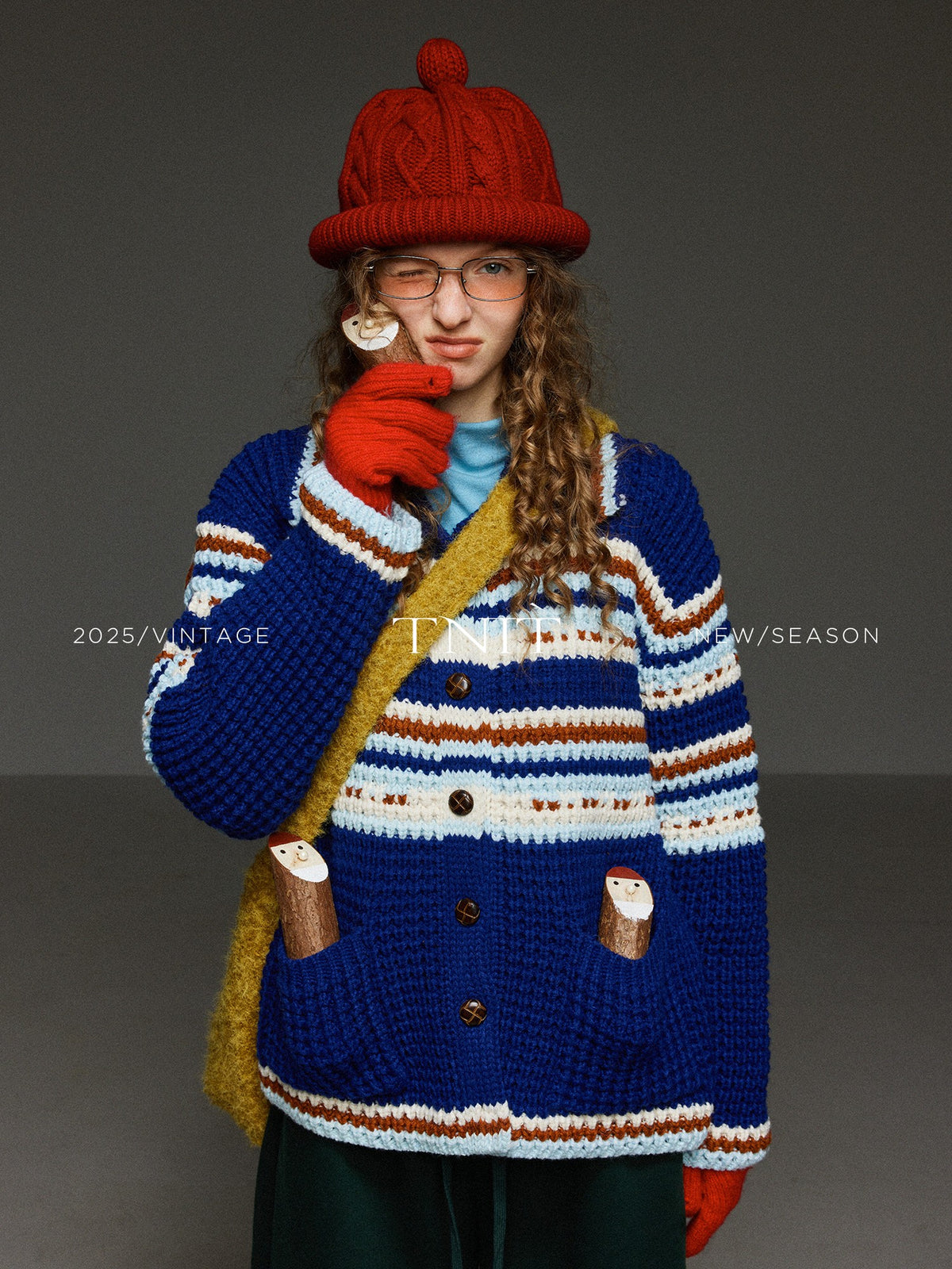 TNIT Vintage Colorblock Striped Turn Collar Women's Thick Knit Cardigans