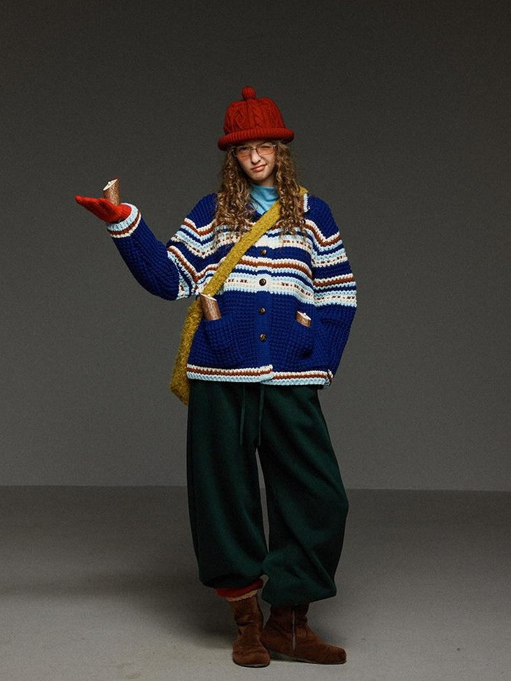 TNIT Vintage Colorblock Striped Turn Collar Women's Thick Knit Cardigans