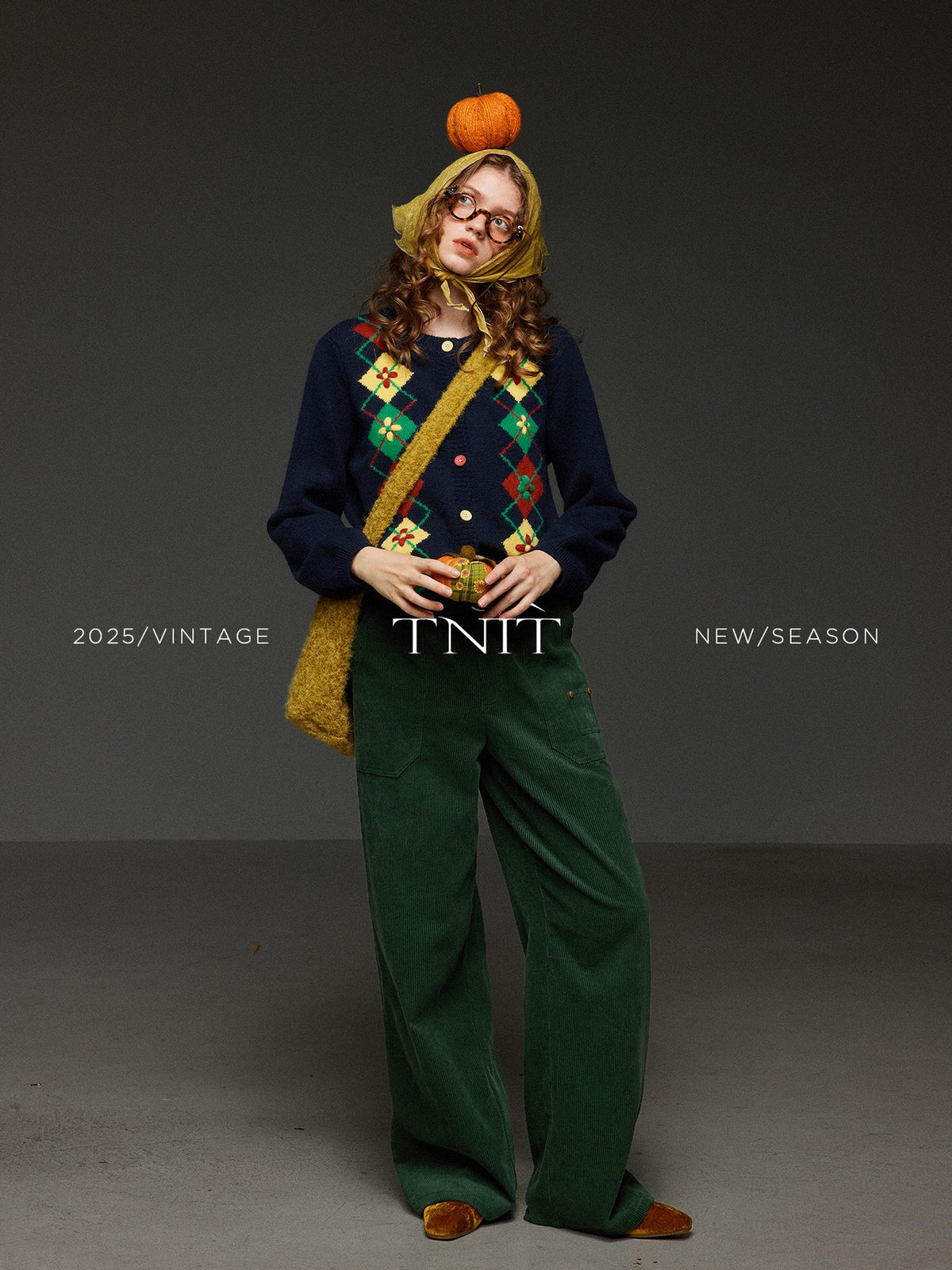 TNIT Vintage Diamond Jacquard Embroidered Round Neck Colorblock Women's Knit Cardigans