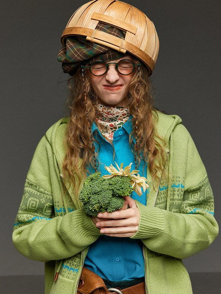 TNIT Vintage Green Jacquard Zip Hooded Loose Fit Women's Knit Cardigans