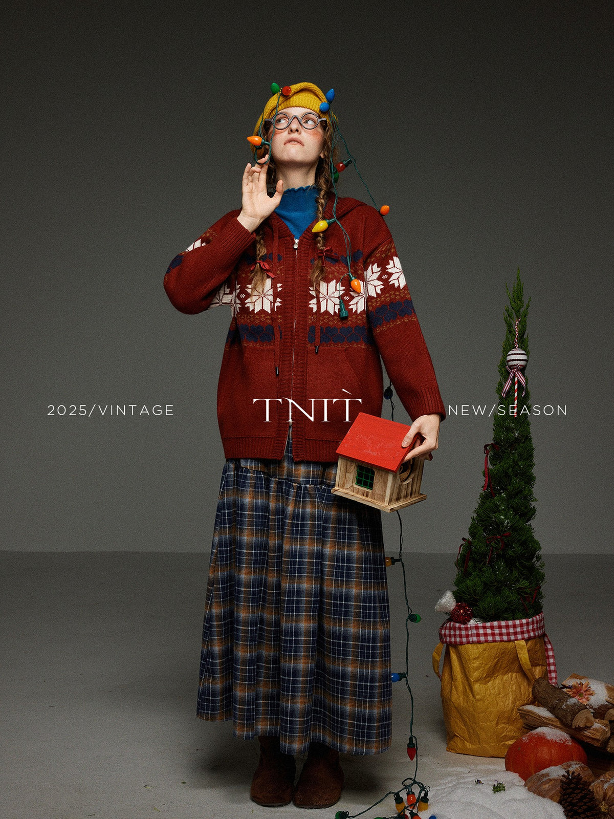 TNIT Vintage Jacquard Colorblock Double Zip Hooded Women's Knit Cardigans