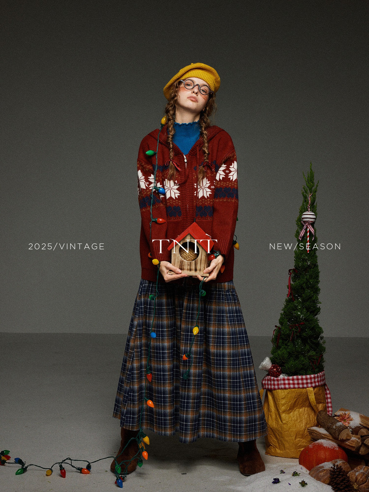 TNIT Vintage Jacquard Colorblock Double Zip Hooded Women's Knit Cardigans