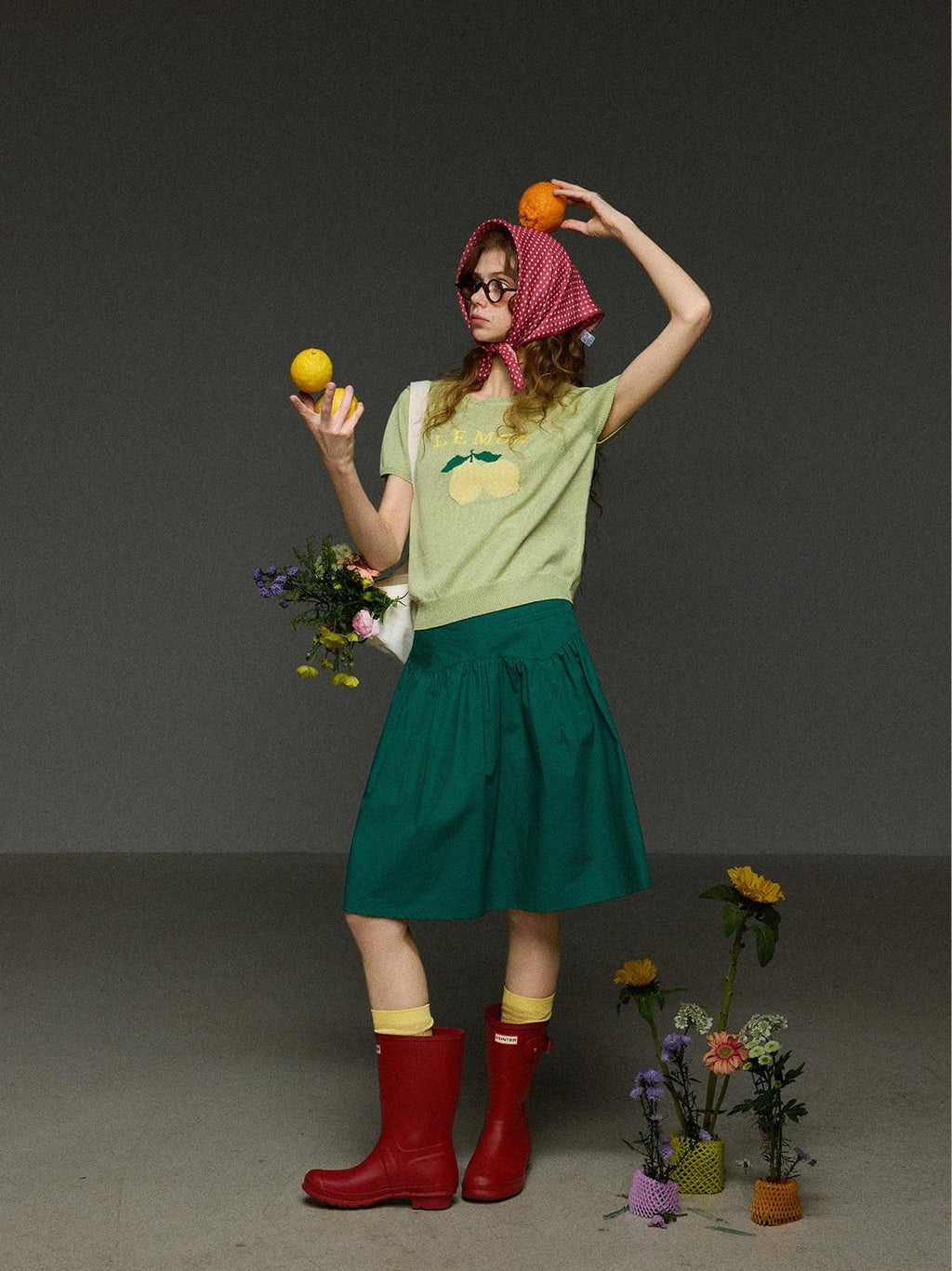 TNIT Vintage Lemon Jacquard Cutout Collar Embroidered Women's Short Sleeve T-shirts